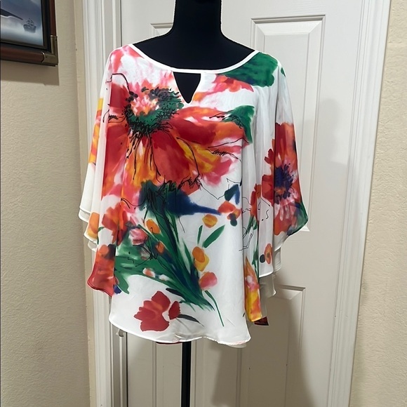 FRENCH BLUE Floral Print PONCHO STYLE Blouse with Keyhole Neckline SIZE L. - Picture 1 of 8